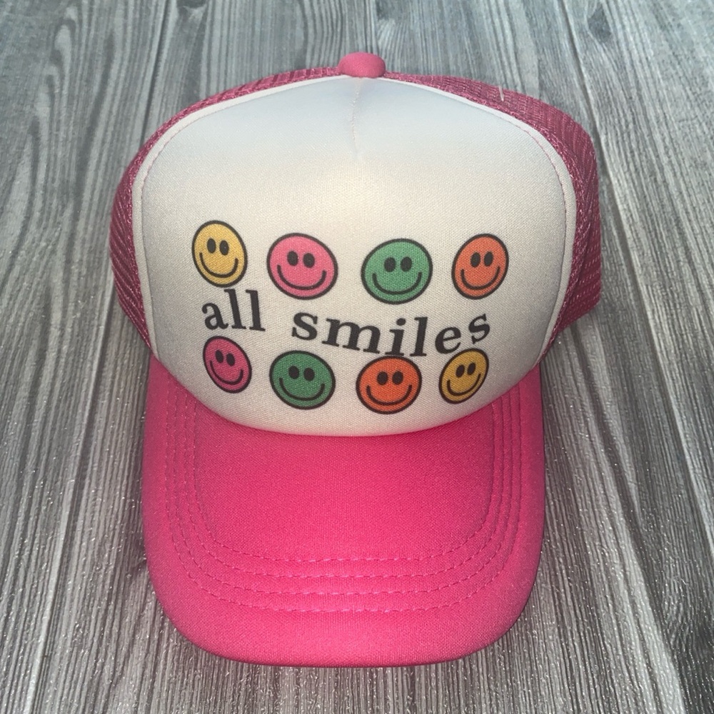 Kids Pink and White Smiley Face Trucker Hat